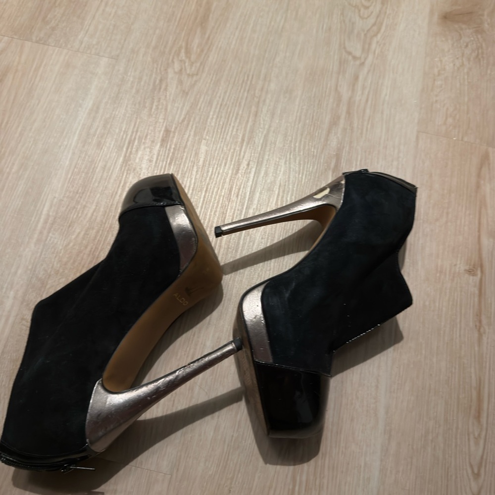 Aldo Black Suede and Metallic Silver Platform Booties